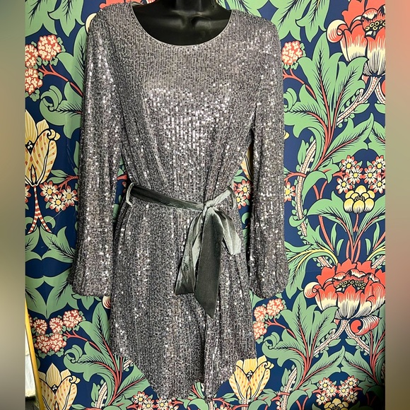 Silver sequin dress with velvet tie - Picture 1 of 5
